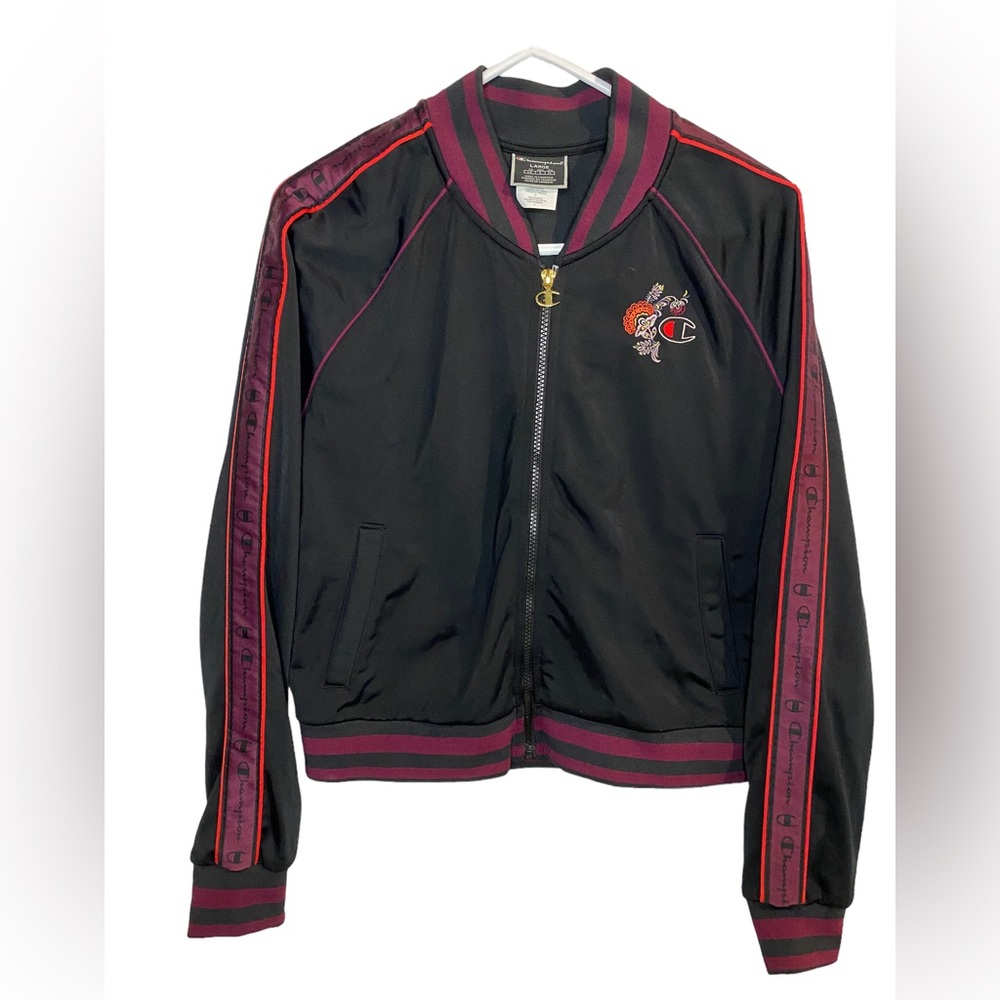 Champion Track Jacket Floral Logo Women's L Black & Purple Varsity Streetwear